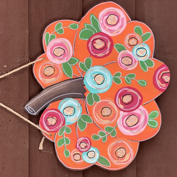 Pumpkin with Flowers and Gold Metallic Hand Painted Door Sign Hanger for Autumn and Fall