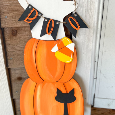 Hand Painted Halloween Porch Leaner – Birch Wood Ghost, Pumpkins, Cat & Candy Corn