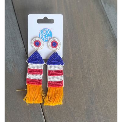 Patriotic Rocket Handmade Seed Beaded Red White Blue Dangle Earrings