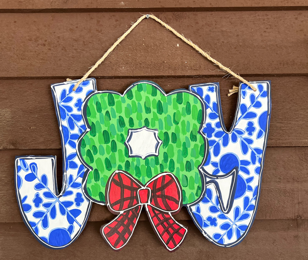 Joy Chinoiserie Christmas Door Hanger – Hand-Painted Acrylic on Wood