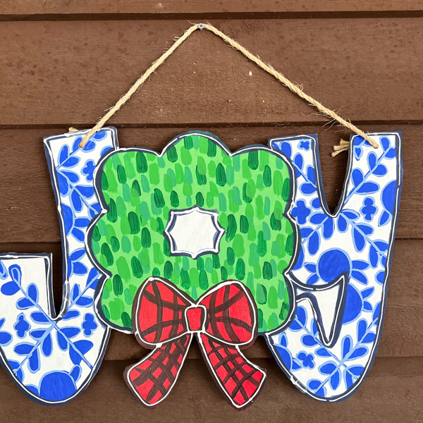 Joy Chinoiserie Christmas Door Hanger – Hand-Painted Acrylic on Wood