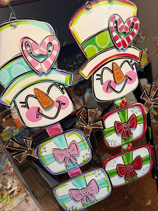 Hand Painted Snowman Door Hanger | Kitsch Christmas Sign in Pink & Blue or Red & Green | Winter Front Door Decor, 15" 18" 22"