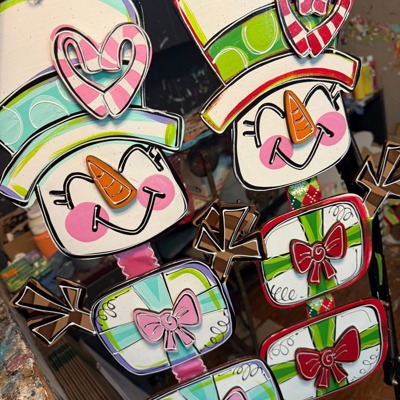Hand Painted Snowman Door Hanger | Kitsch Christmas Sign in Pink & Blue or Red & Green | Winter Front Door Decor, 15" 18" 22"