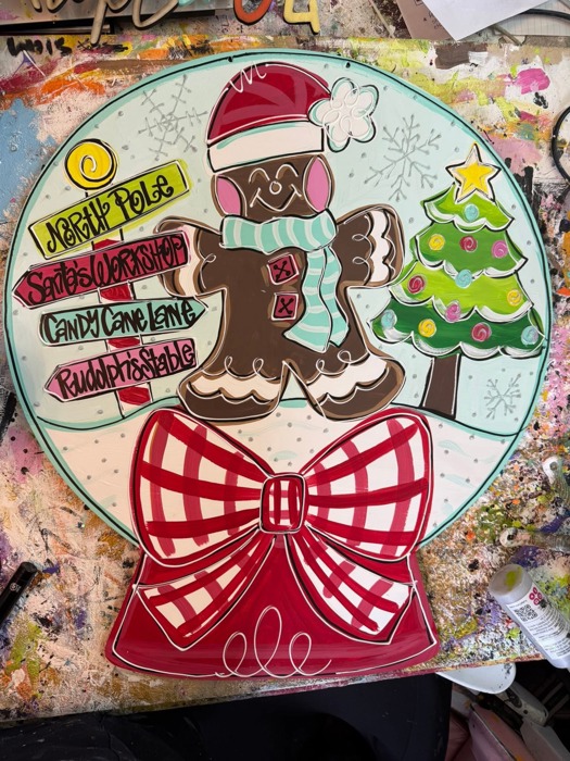 Hand-Painted Gingerbread Snow Globe Door Hanger | Christmas Holiday Sign | Candy Cane, Tree & Santa’s Workshop | 18" or 22" Baltic Birch
