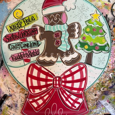 Hand-Painted Gingerbread Snow Globe Door Hanger | Christmas Holiday Sign | Candy Cane, Tree & Santa’s Workshop | 18" or 22" Baltic Birch