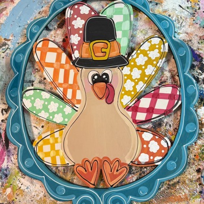 Hand Painted Turkey Door Hanger | Colorful Thanksgiving Sign in Ornate Frame | Fall Front Door Décor 20"