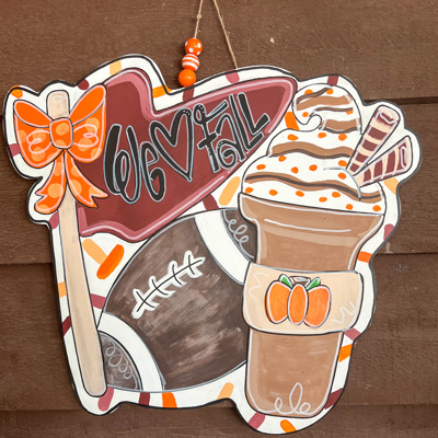Hand-Painted Football & Pumpkin Latte Door Hanger | Custom Team Colors | Fall Game Day Sign | 20" Baltic Birch