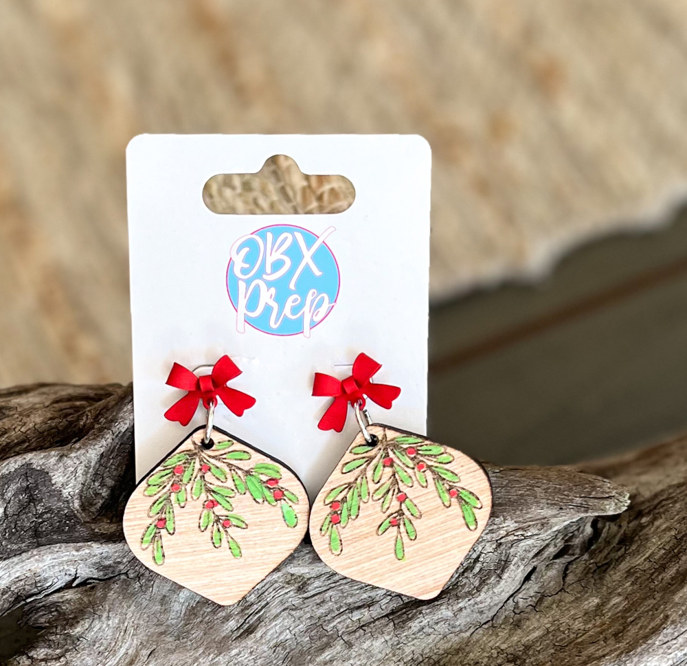 Bauble Holly Berry Earrings – Laser Engraved and Hand-Painted Dangle Style