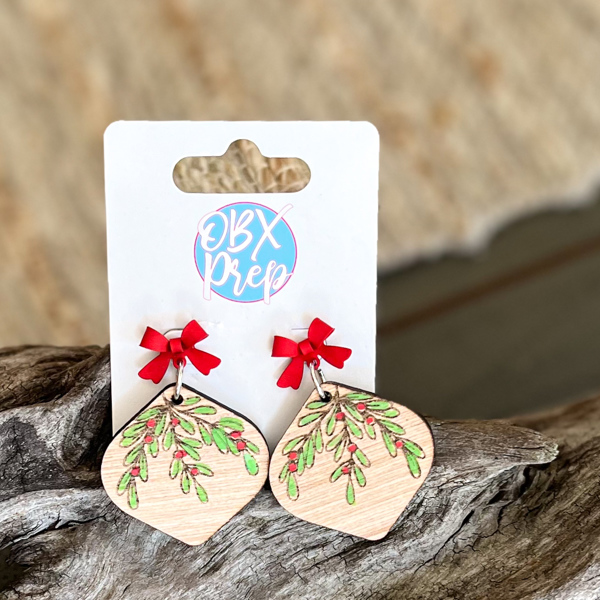 Bauble Holly Berry Earrings – Laser Engraved and Hand-Painted Dangle Style