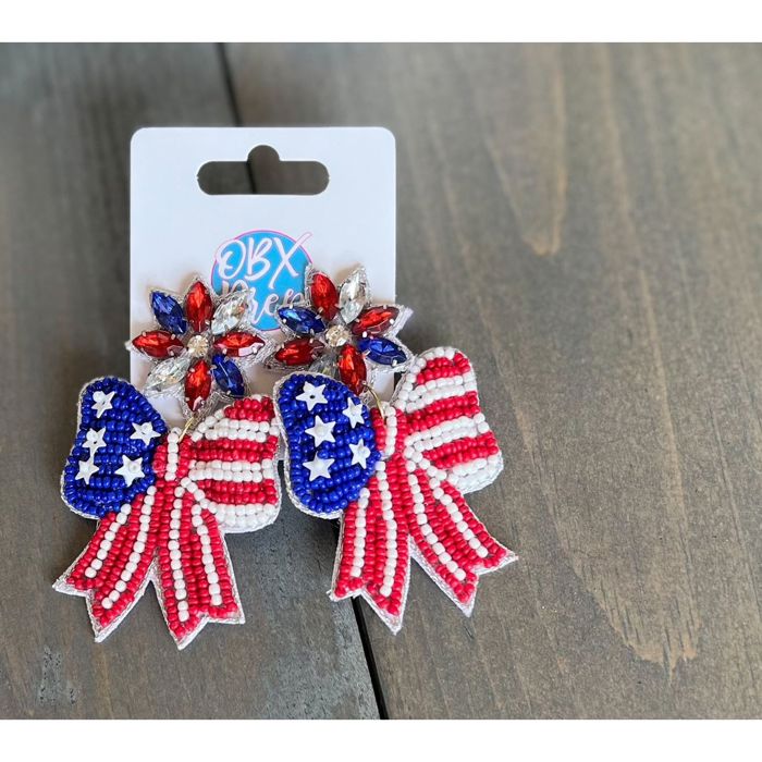 Patriotic Red, White & Blue Seed Beaded Bow Earrings 🇺🇸✨