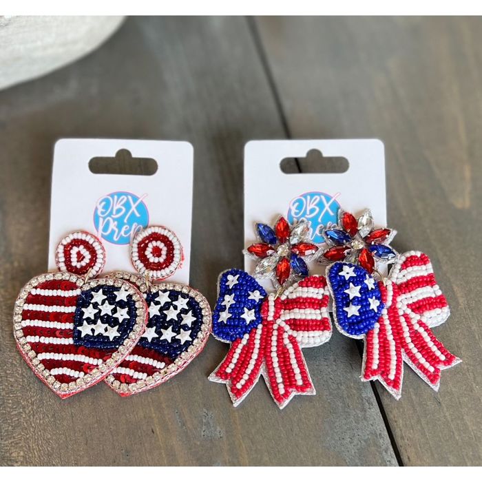 Patriotic Red, White & Blue Seed Beaded Bow Earrings 🇺🇸✨