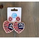 Flag Heart  Patriotic Hand Beaded Seed Bead Dangle Earrings 