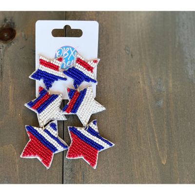 Patriotic Red White and Blue Striped Triple Stars Handmade Earrings.