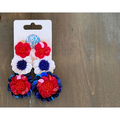 Patriotic Red White and Blue Triple Flowers Handmade Earrings