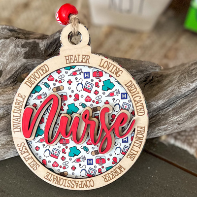 Handcrafted Nurse Ornament – Layered Wood Christmas Ornament with Engraved Words