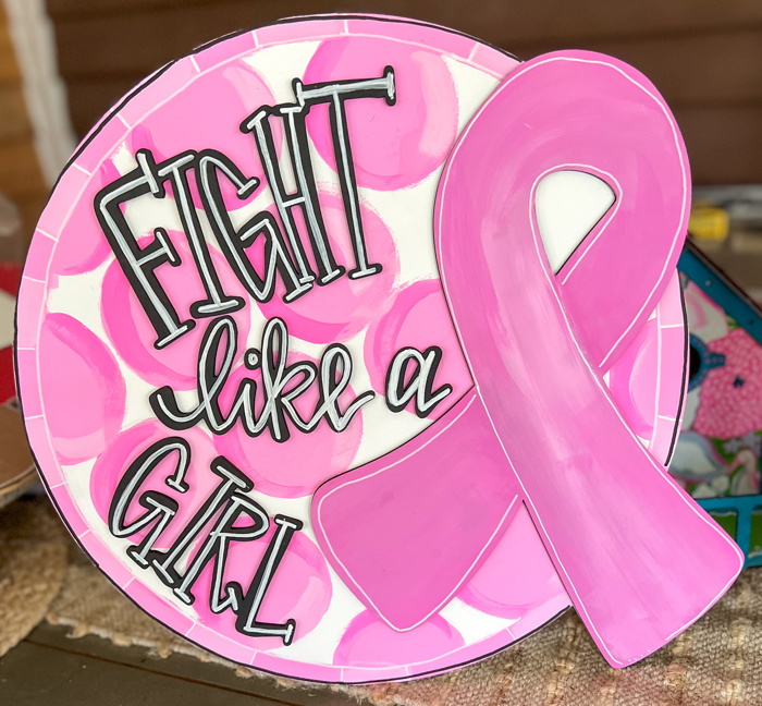 Hand Painted “Fight Like a Girl” Breast Cancer Awareness Sign – Pink Ribbon Round Door Hanger