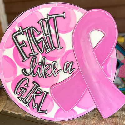 Hand Painted “Fight Like a Girl” Breast Cancer Awareness Sign – Pink Ribbon Round Door Hanger