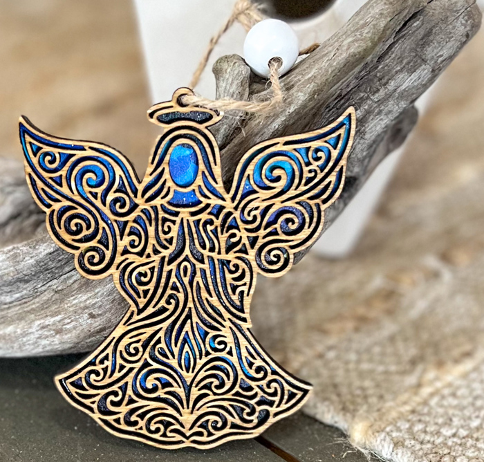 Angel Line Art Ornament | Handmade in OBX | Wooden Christmas Ornament with Starry Sky