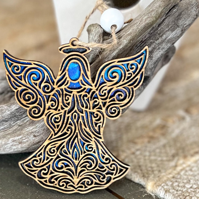 Angel Line Art Ornament | Handmade in OBX | Wooden Christmas Ornament with Starry Sky
