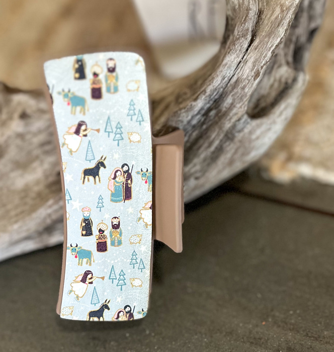 Nativity Scene Hair Claw | Handmade in OBX | Light Blue Neutral Print