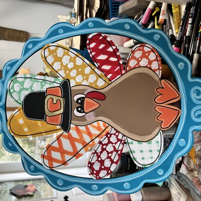 Hand Painted Turkey Door Hanger | Colorful Thanksgiving Sign in Ornate Frame | Fall Front Door Décor 20"