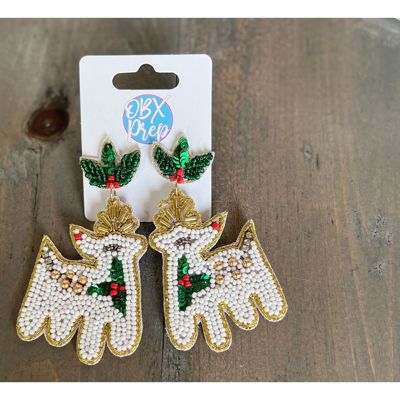 Christmas White Reindeer Beaded Dangle Earrings