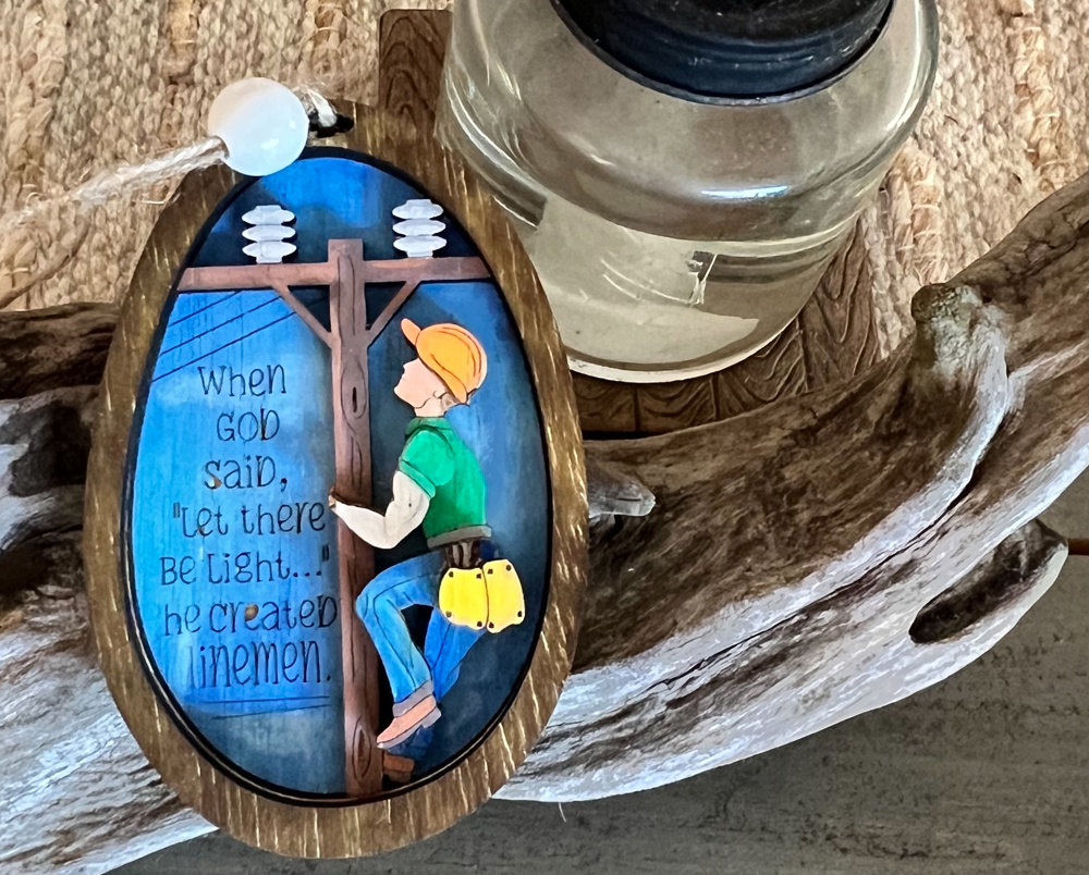 Lineman Hand Painted Wood Christmas Tree Ornament 