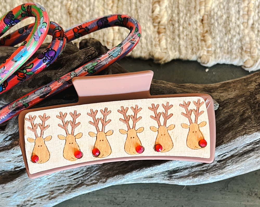 Santa's Reindeer Christmas Hair Claw Clip – Hand-Painted Wooden Design (4 Inches)