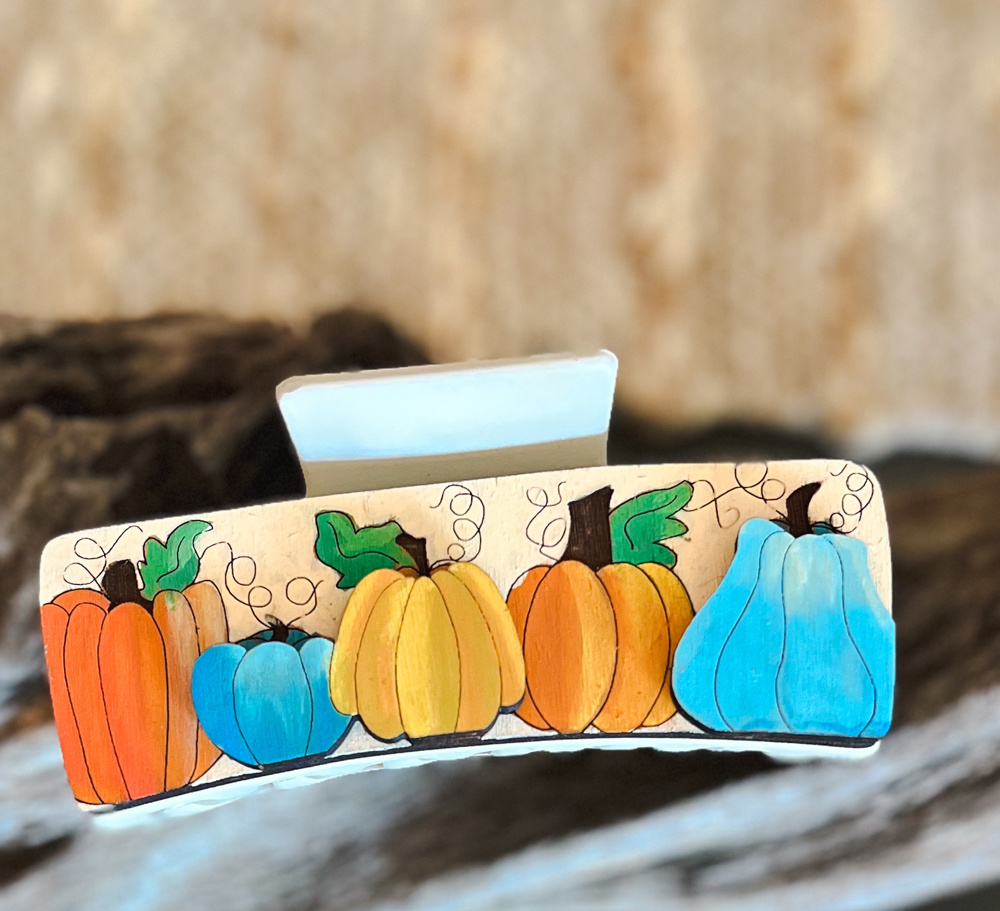 Autumn Blue and Orange Pumpkins Hand Painted Wood Hair Claw Clip