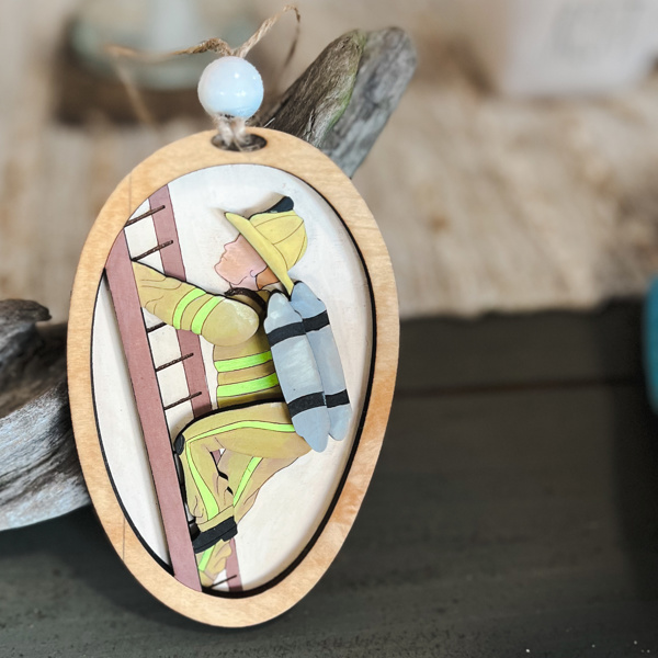 Hand-Painted Firefighter Christmas Ornament – White Birch Wood