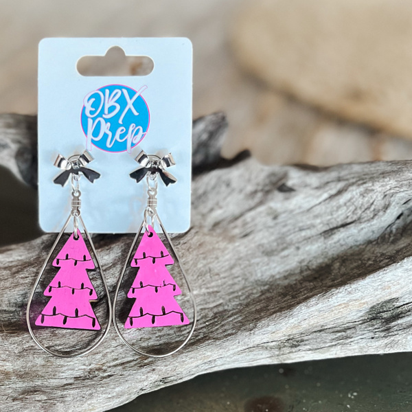 Christmas Tree Pink Dangle Hand Painted Earrings with Coquette Bow Stud Tops