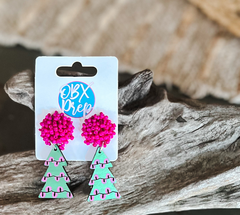 Christmas Tree with Pink Lights Beaded Top Dangle Earrings 