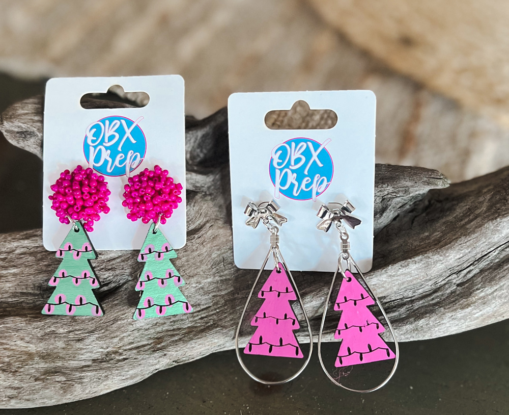 Christmas Tree Pink Dangle Hand Painted Earrings with Coquette Bow Stud Tops