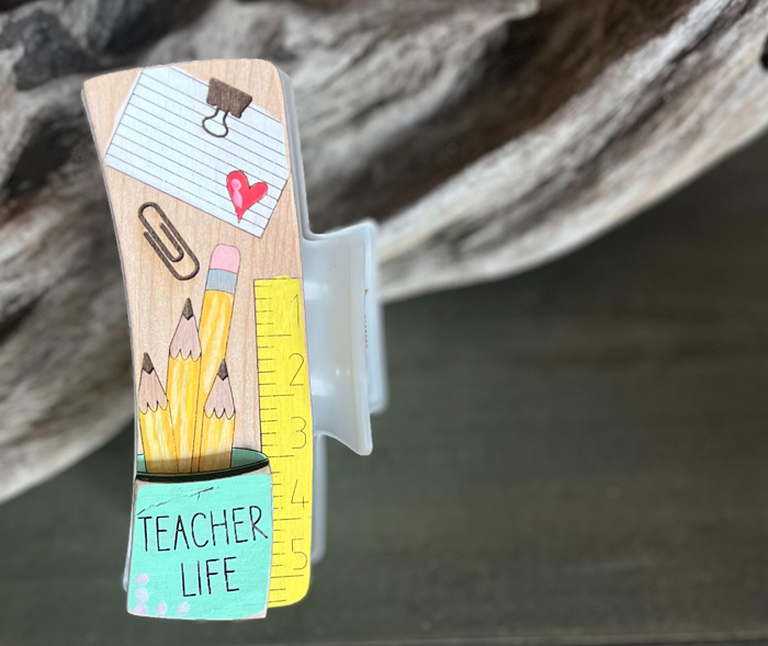 Teacher Life Pencils and Desk Hand Painted Wooden Hair Claw