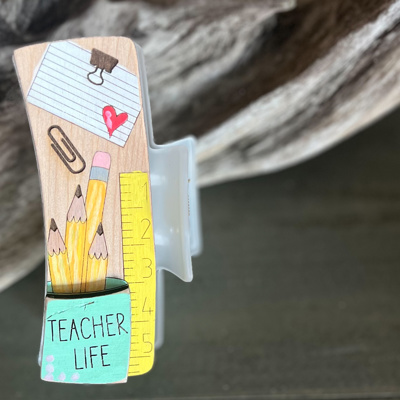 Teacher Life Pencils and Desk Hand Painted Wooden Hair Claw