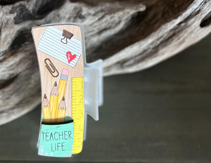 Teacher Life Pencils and Desk Hand Painted Wooden Hair Claw