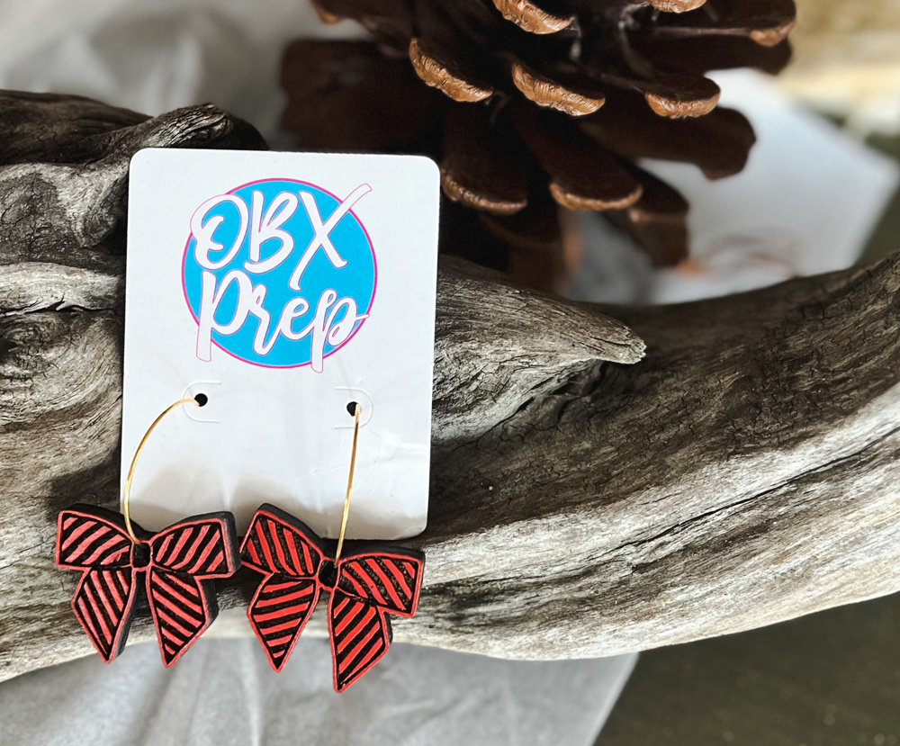 Red Striped Christmas Bow Hoop Earrings