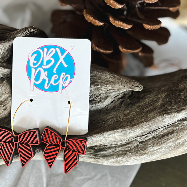 Red Striped Christmas Bow Hoop Earrings