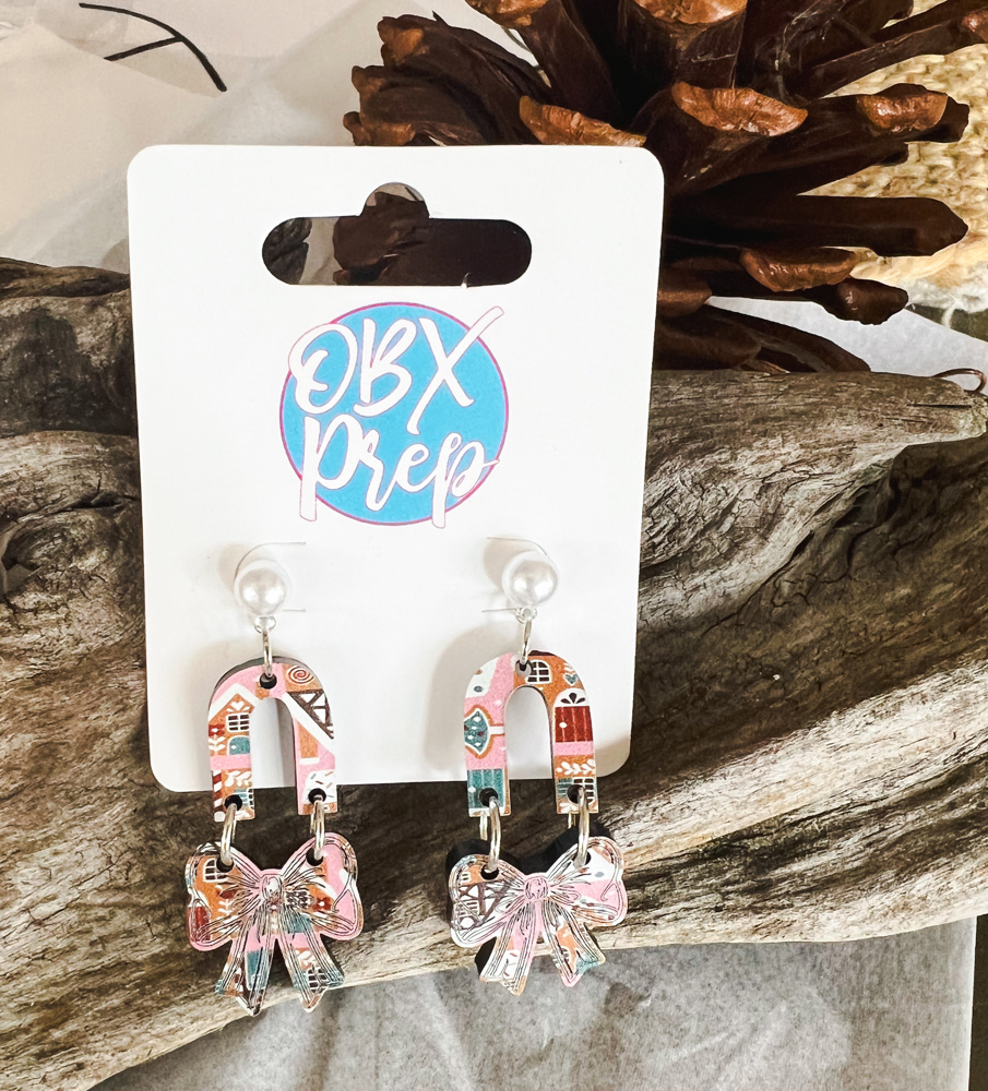 Pink Gingerbread House Coquette Bow Dangle Earrings