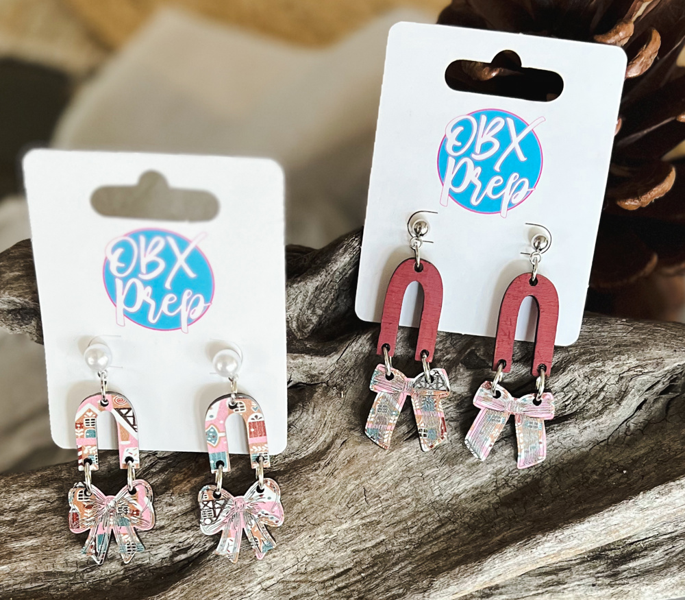 Pink Gingerbread House and Mauve Christmas Bow Coquette Dangle Earrings 