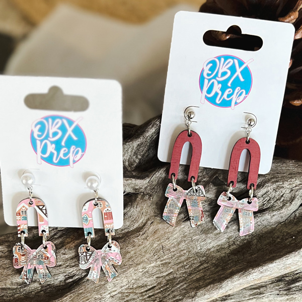 Pink Gingerbread House and Mauve Christmas Bow Coquette Dangle Earrings 