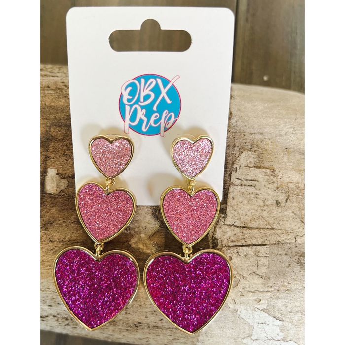 Glitter Pave Triple Heart Dangle Valentine's Day Earrings