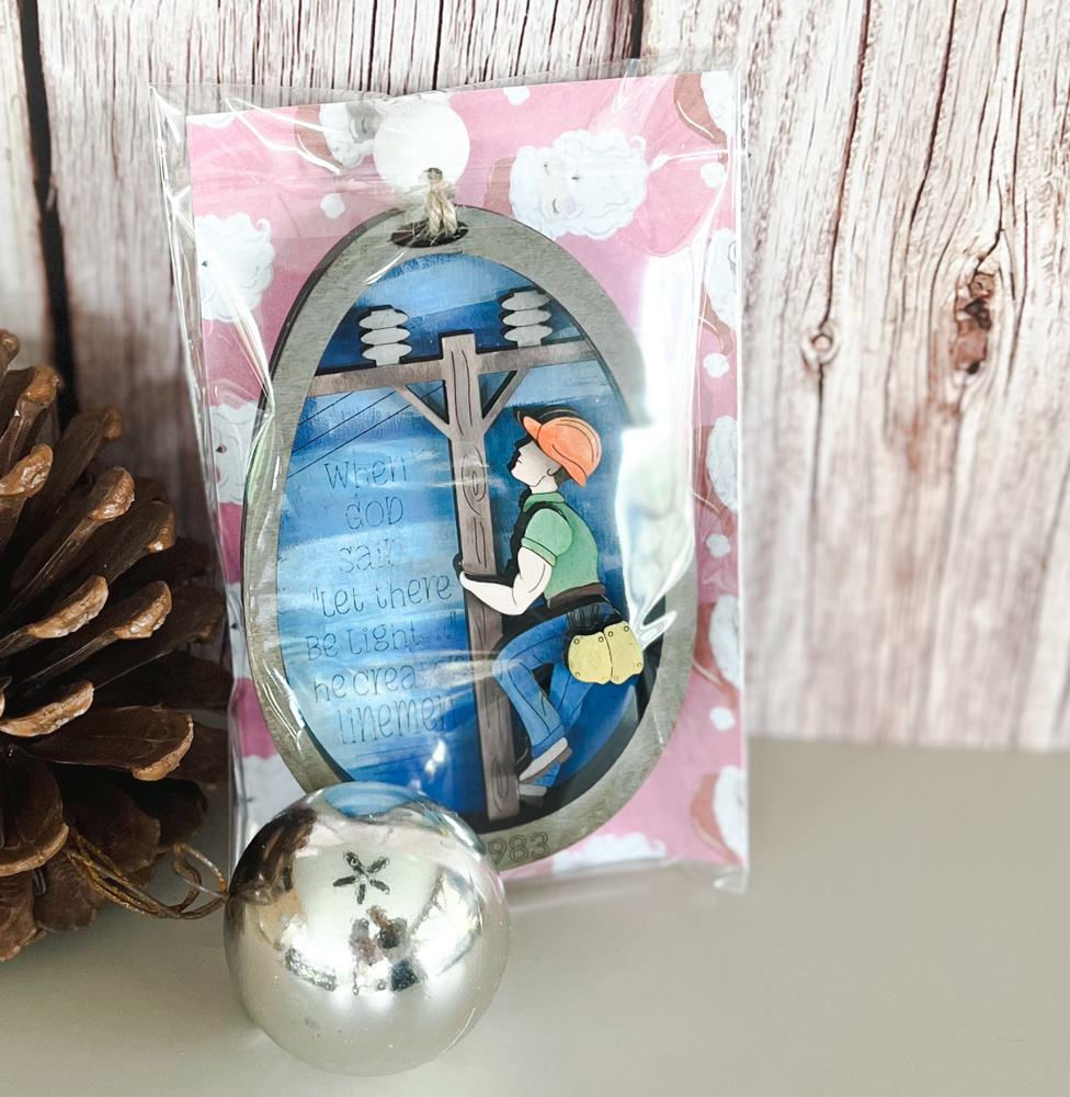 Lineman Hand Painted Wood Christmas Tree Ornament 