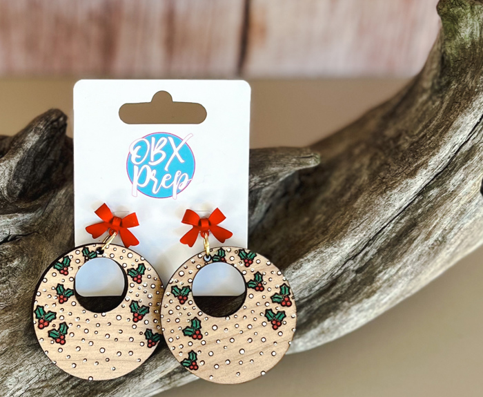 Holly Berry Christmas Hoop Bow Stud Topped Dangle Earrings