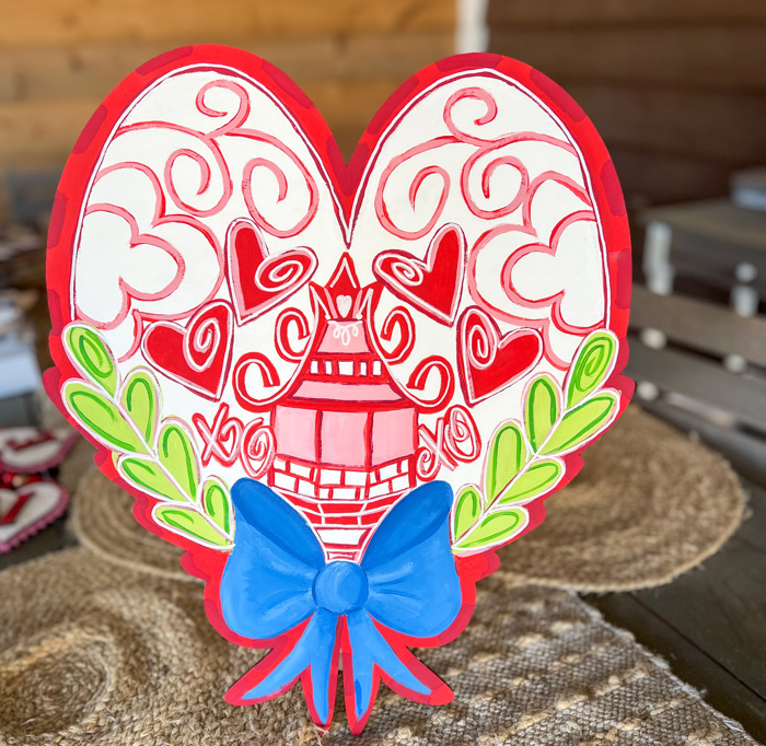 Red Chinoiserie Heart Door Hanger with Blue Bow