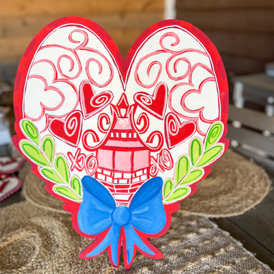 Red Chinoiserie Heart Door Hanger with Blue Bow