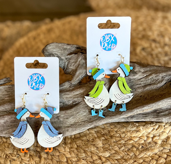 Winter Goose Dangle Earrings – Hand Painted Baltic Birch | OBX Handmade
