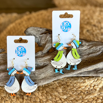Winter Goose Dangle Earrings – Hand Painted Baltic Birch | OBX Handmade