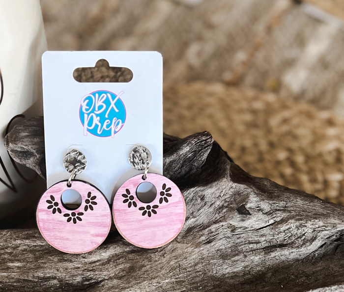 Hand-Painted Distressed Pink Wooden Hoop Earrings