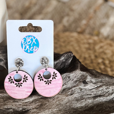 Hand-Painted Distressed Pink Wooden Hoop Earrings 